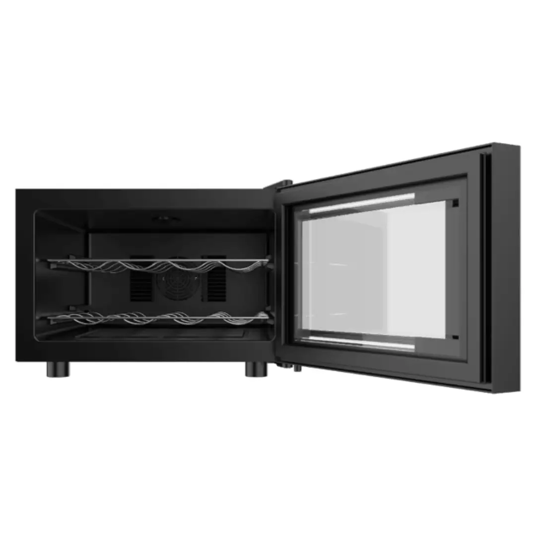 Interior de la vinoteca Cecotec GrandSommelier 800H abierta, mostrando su capacidad para 8 botellas, estantes metálicos resistentes, luz LED interior y sistema termoeléctrico silencioso, perfecta para vinos tintos y blancos – imagen de producto en Electrocash.