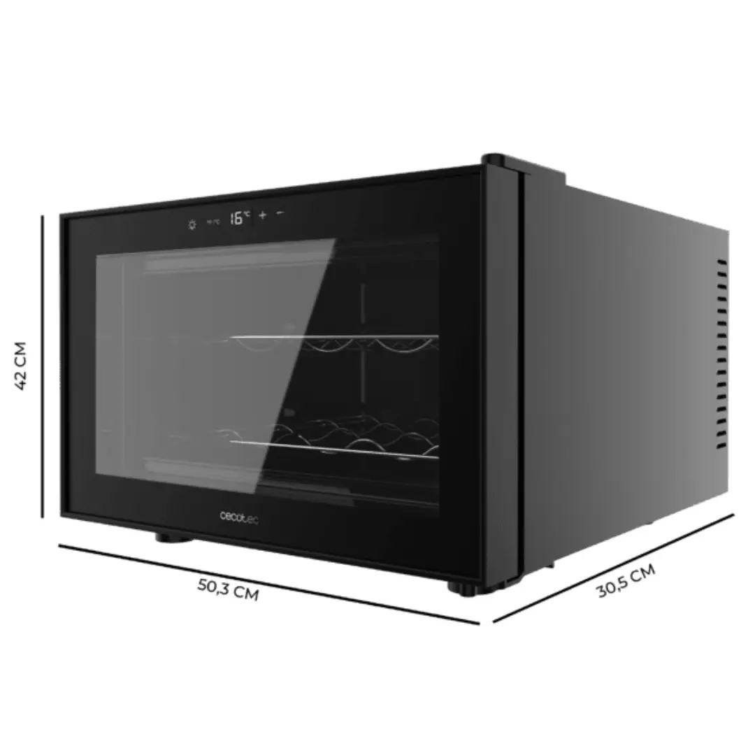 Medidas de la vinoteca termoeléctrica Cecotec GrandSommelier 800H, modelo horizontal compacto para 8 botellas, con panel táctil LED superior y estructura de acero negro, ideal para espacios reducidos – ficha técnica en Electrocash.
