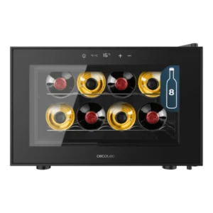 Vinoteca termoeléctrica horizontal Cecotec GrandSommelier 800H, con capacidad para 8 botellas, funcionamiento silencioso, panel táctil digital y iluminación LED interior. Diseño compacto ideal para conservar tus vinos con elegancia – disponible en Electrocash.