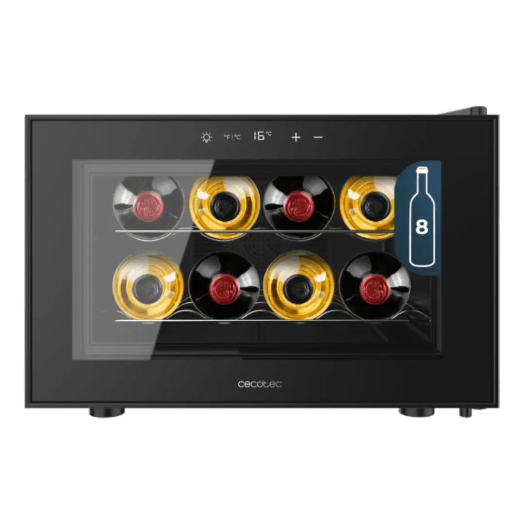 Vinoteca termoeléctrica horizontal Cecotec GrandSommelier 800H, con capacidad para 8 botellas, funcionamiento silencioso, panel táctil digital y iluminación LED interior. Diseño compacto ideal para conservar tus vinos con elegancia – disponible en Electrocash.