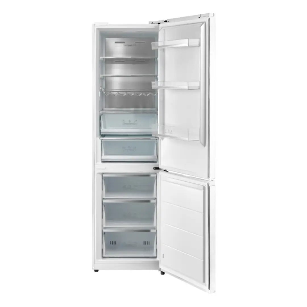Frigorífico Johnson JRC-201EN2GW abierto, mostrando su interior espacioso, bandejas de cristal templado, cajones para frutas y verduras, congelador inferior y luz LED interior, ideal para conservar los alimentos frescos por más tiempo – imagen de producto en Electrocash.