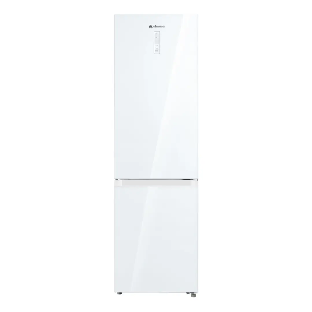 Frigorífico combi Johnson JRC-201EN2GW en color cristal blanco, con tecnología Total No Frost, motor Full Inverter y display LED en la puerta, diseño elegante de 201 cm de altura y gran eficiencia energética – disponible en Electrocash.