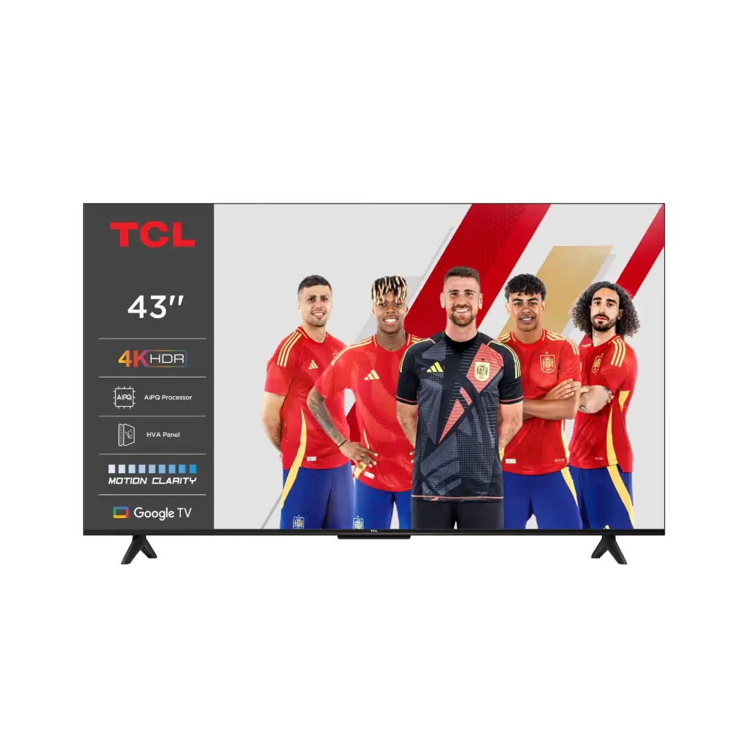 Televisor TCL 43P6K de 43 pulgadas con resolución 4K, soporte HDR y sistema Google TV integrado. Colores nítidos, diseño moderno y acceso a apps de streaming — disponible en Electrocash.