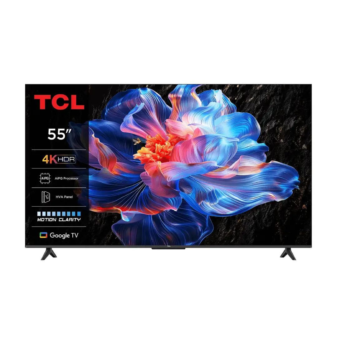 Televisor TCL 55P6K de 55 pulgadas con resolución 4K, soporte HDR y sistema Google TV integrado. Diseño moderno, colores vivos y acceso a aplicaciones de streaming — disponible en Electrocash.