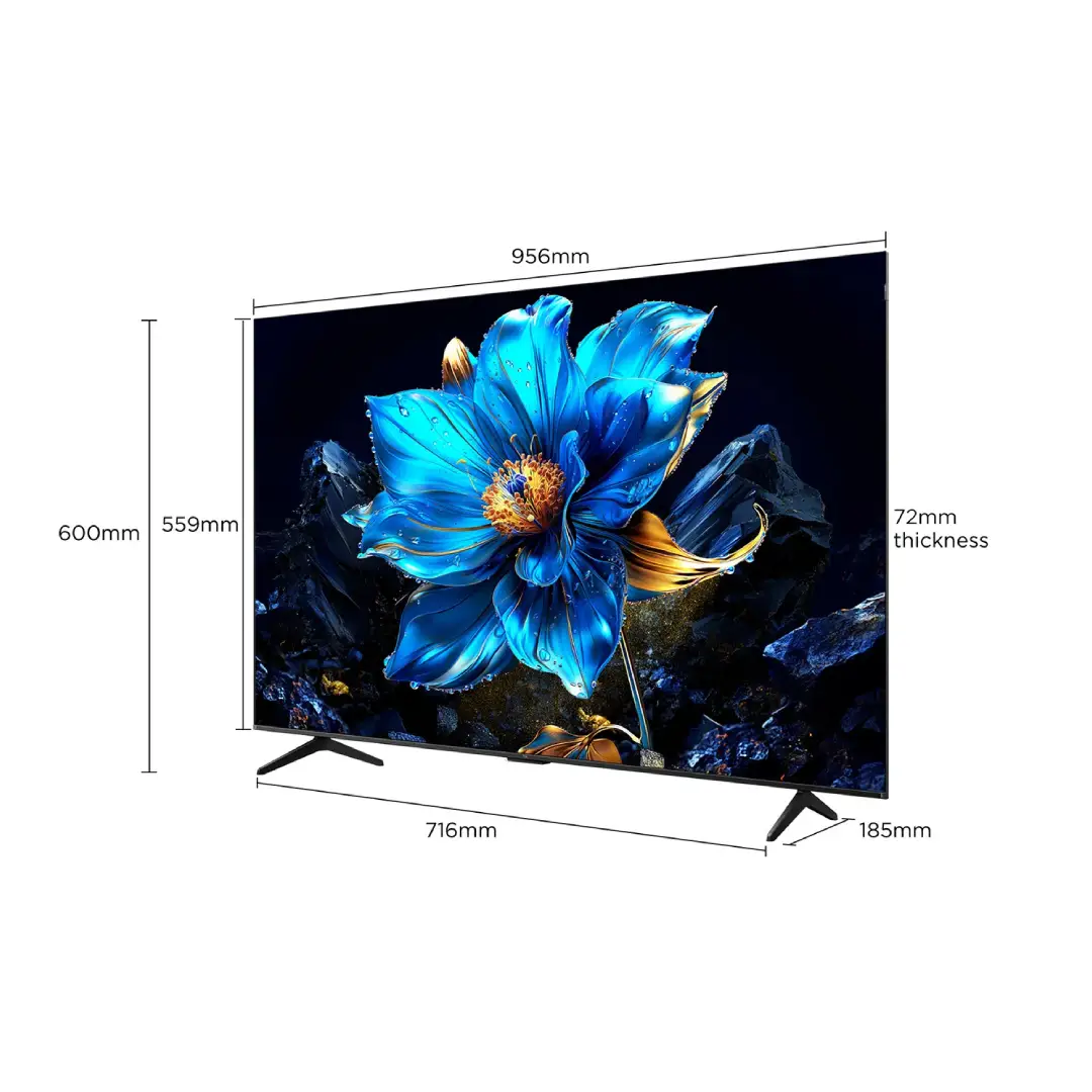 Televisor TCL 43P7K QLED de 43 pulgadas con medidas detalladas, perfil delgado y biseles reducidos, ideal para integrar en salones modernos — disponible en Electrocash.