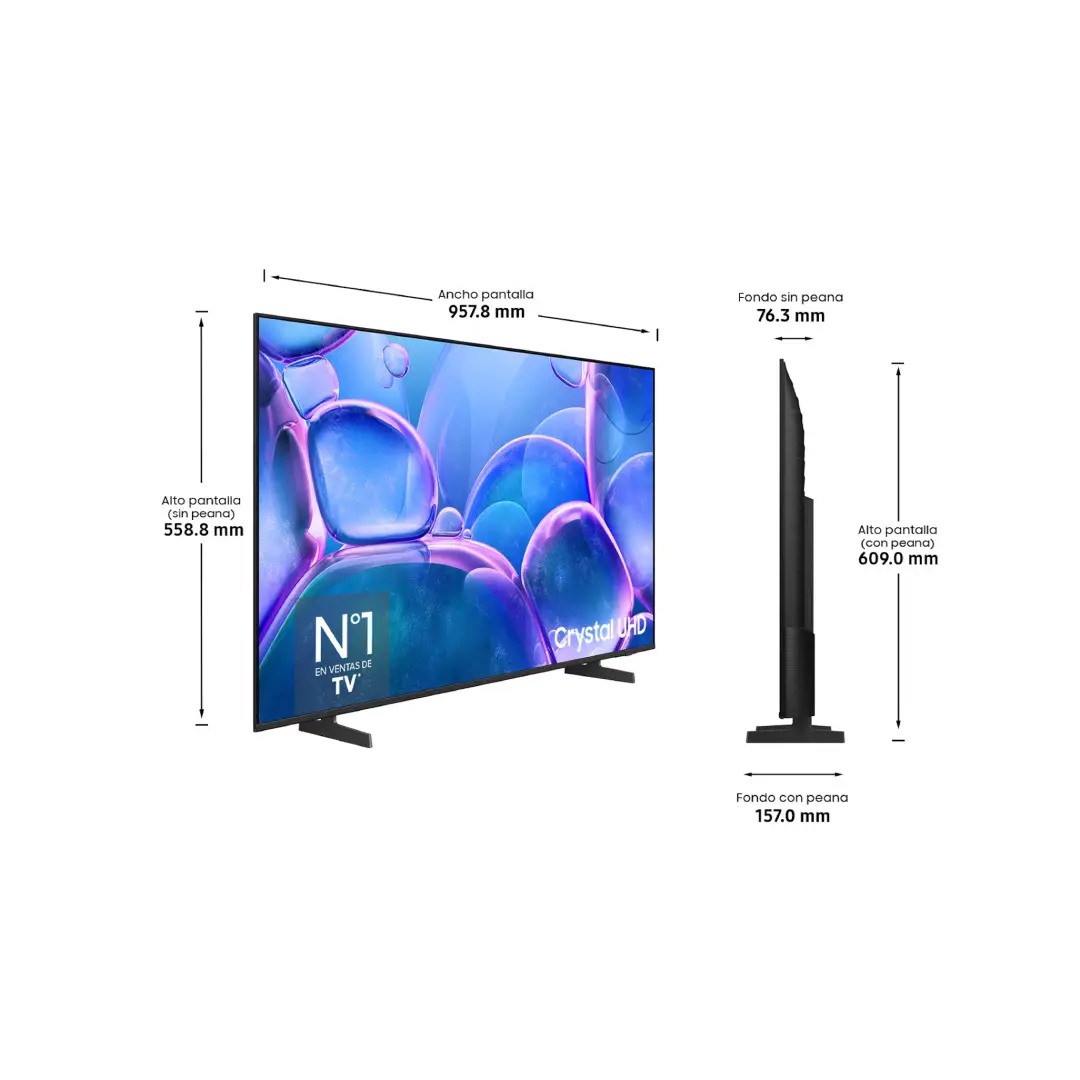 Televisor Samsung TU-43U7025FXXCC de 43 pulgadas con medidas detalladas, mostrando su diseño delgado y elegante, ideal para integrar en salones medianos — disponible en Electrocash.