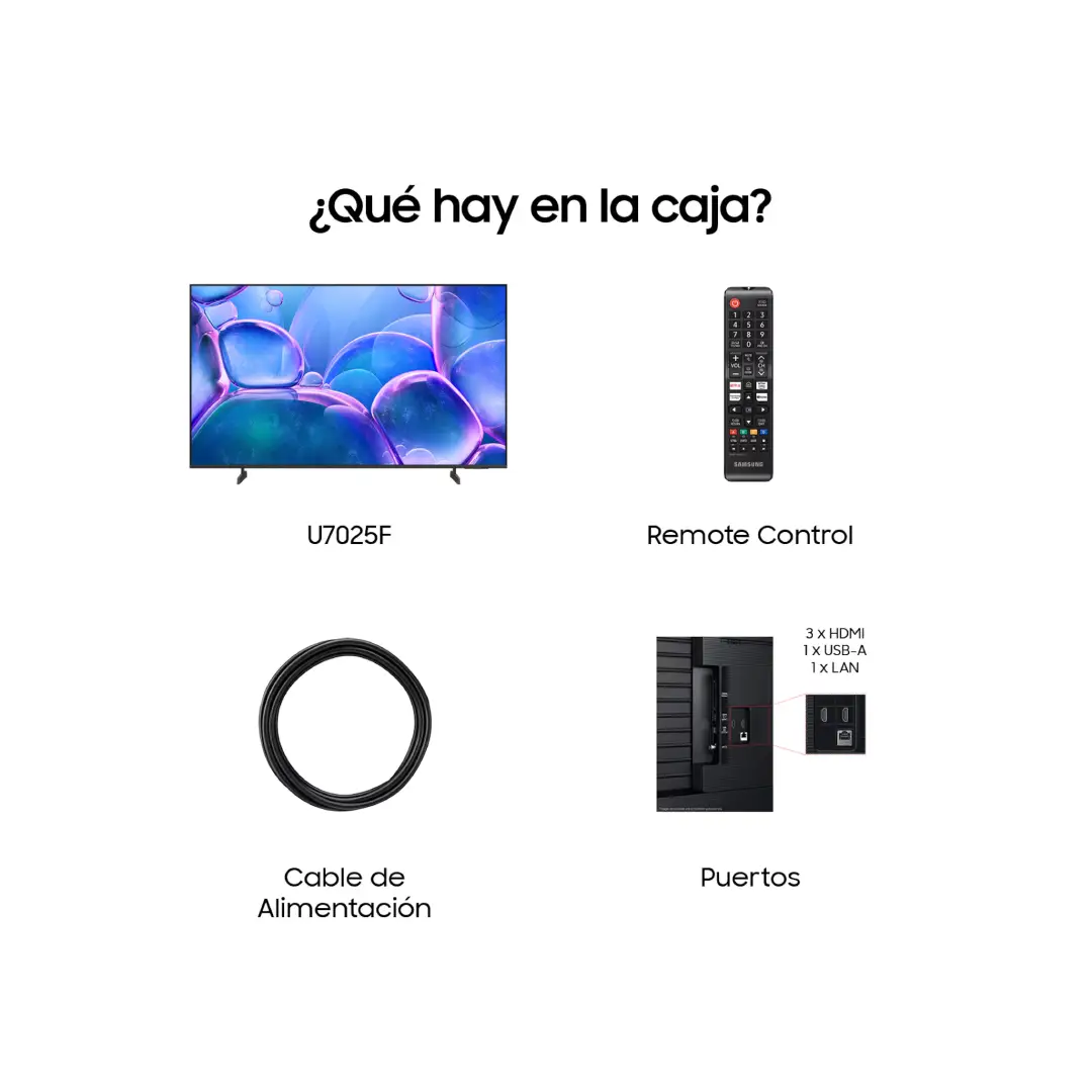 Contenido de la caja del Samsung TU-43U7025FXXCC: televisor de 43 pulgadas, soporte de mesa, mando a distancia, pilas, cables de alimentación y guía de instalación — disponible en Electrocash.