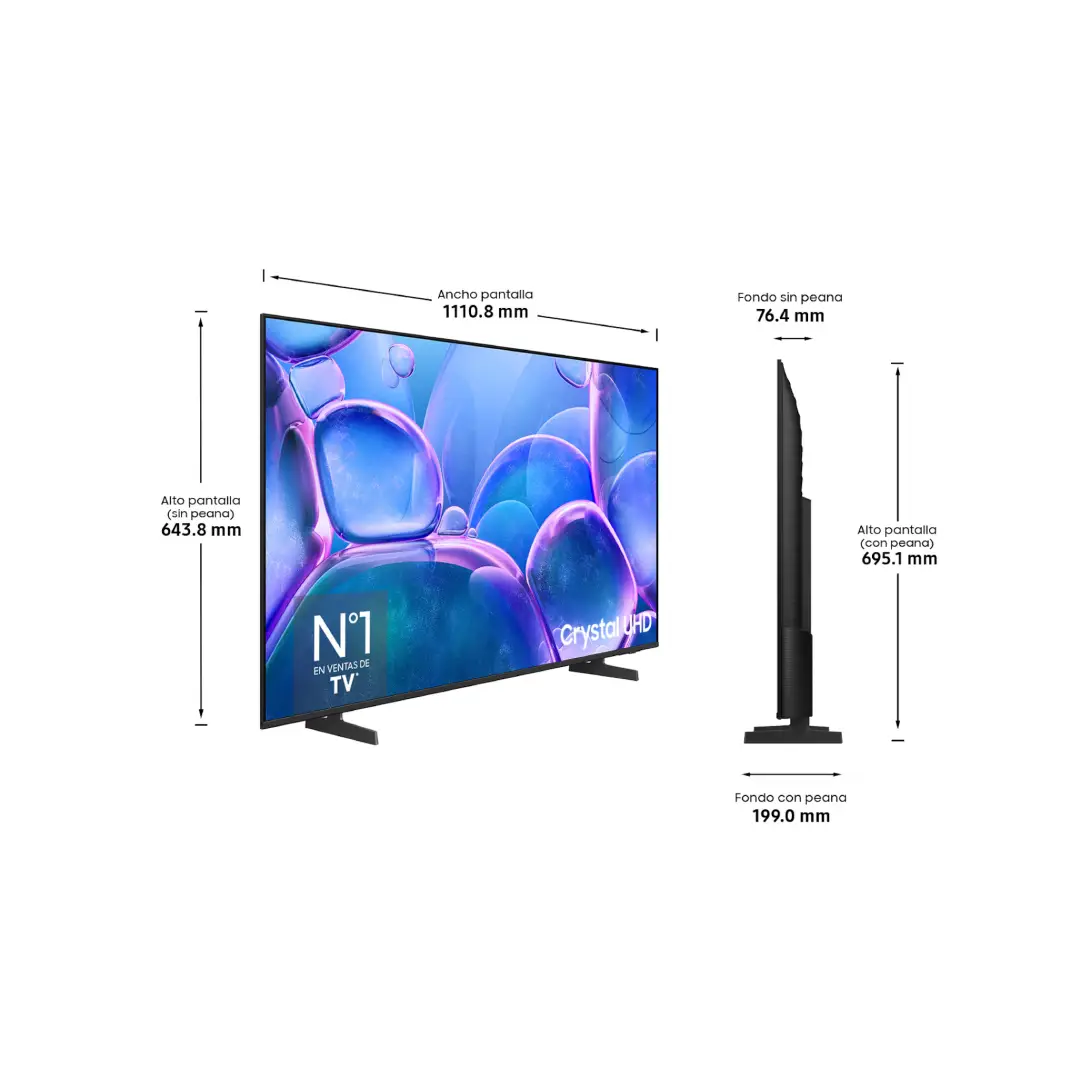 Medidas del televisor Samsung TU-50U7025FKXXC de 50 pulgadas, mostrando su perfil delgado y compatibilidad con soportes VESA — disponible en Electrocash.