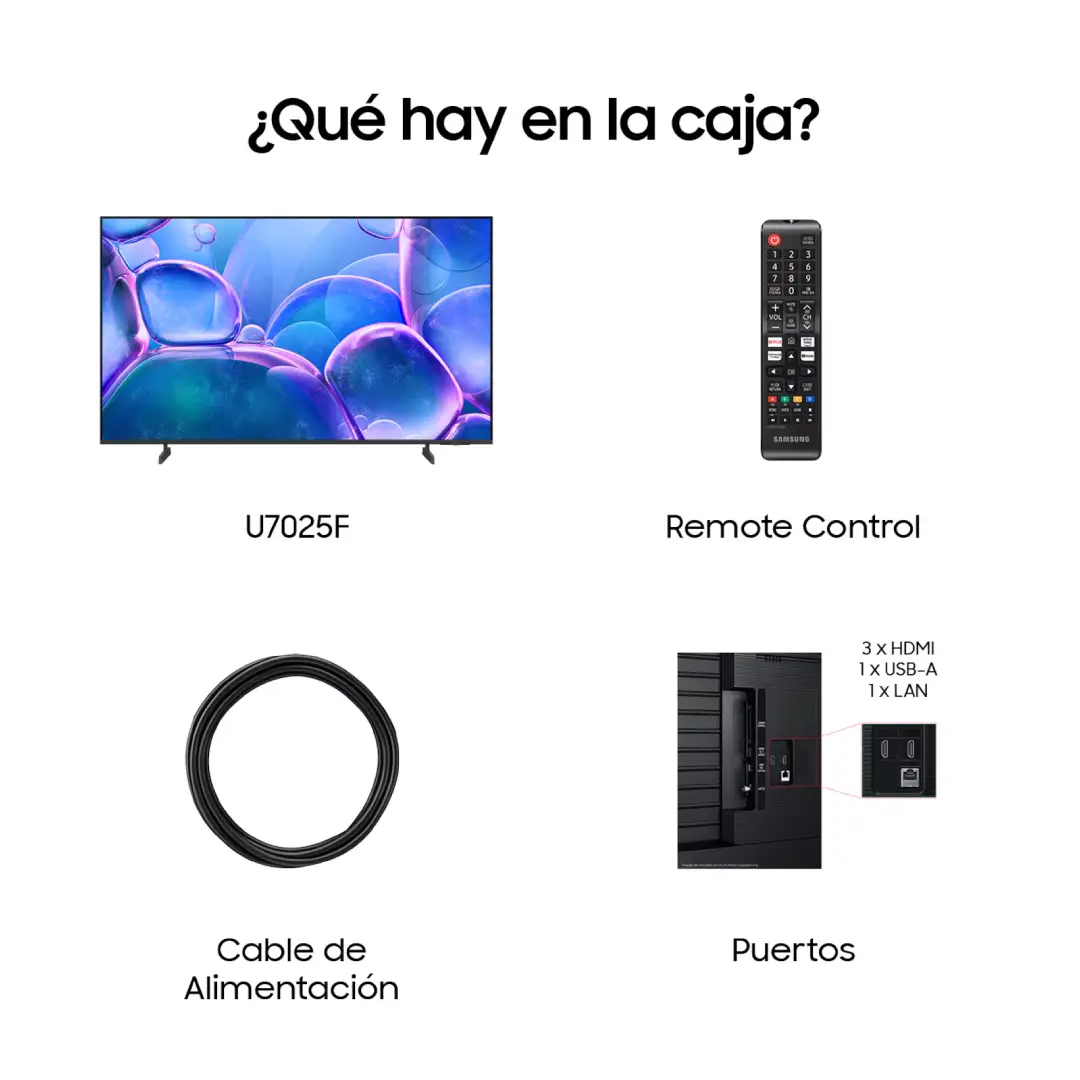 Contenido incluido con el Samsung TU-50U7025FKXXC: televisor de 50", soporte de mesa, mando a distancia, pilas, cable de alimentación y guía de inicio rápido — disponible en Electrocash.