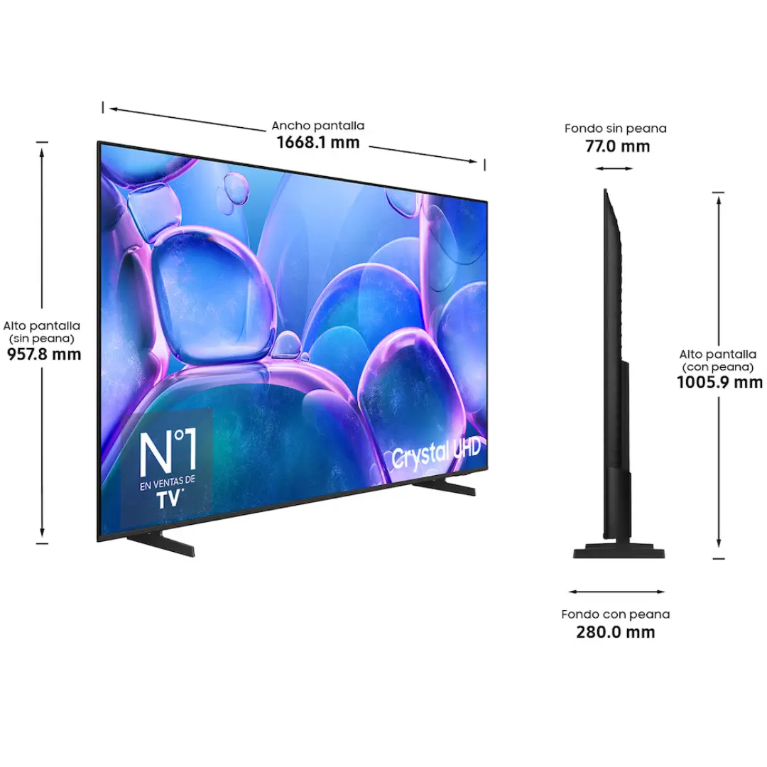 Medidas del televisor Samsung TU-75U7025FKXXC de 75 pulgadas, mostrando su tamaño extragrande, perfil slim y compatibilidad con montaje VESA — disponible en Electrocash.