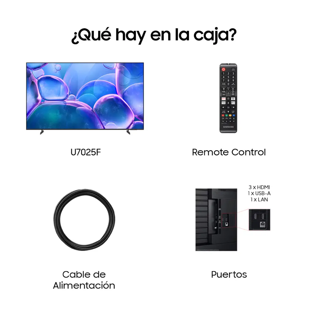 Contenido incluido con el Samsung TU-75U7025FKXXC: televisor de 75", patas de soporte, mando a distancia, pilas, cable de alimentación y guía rápida — disponible en Electrocash.