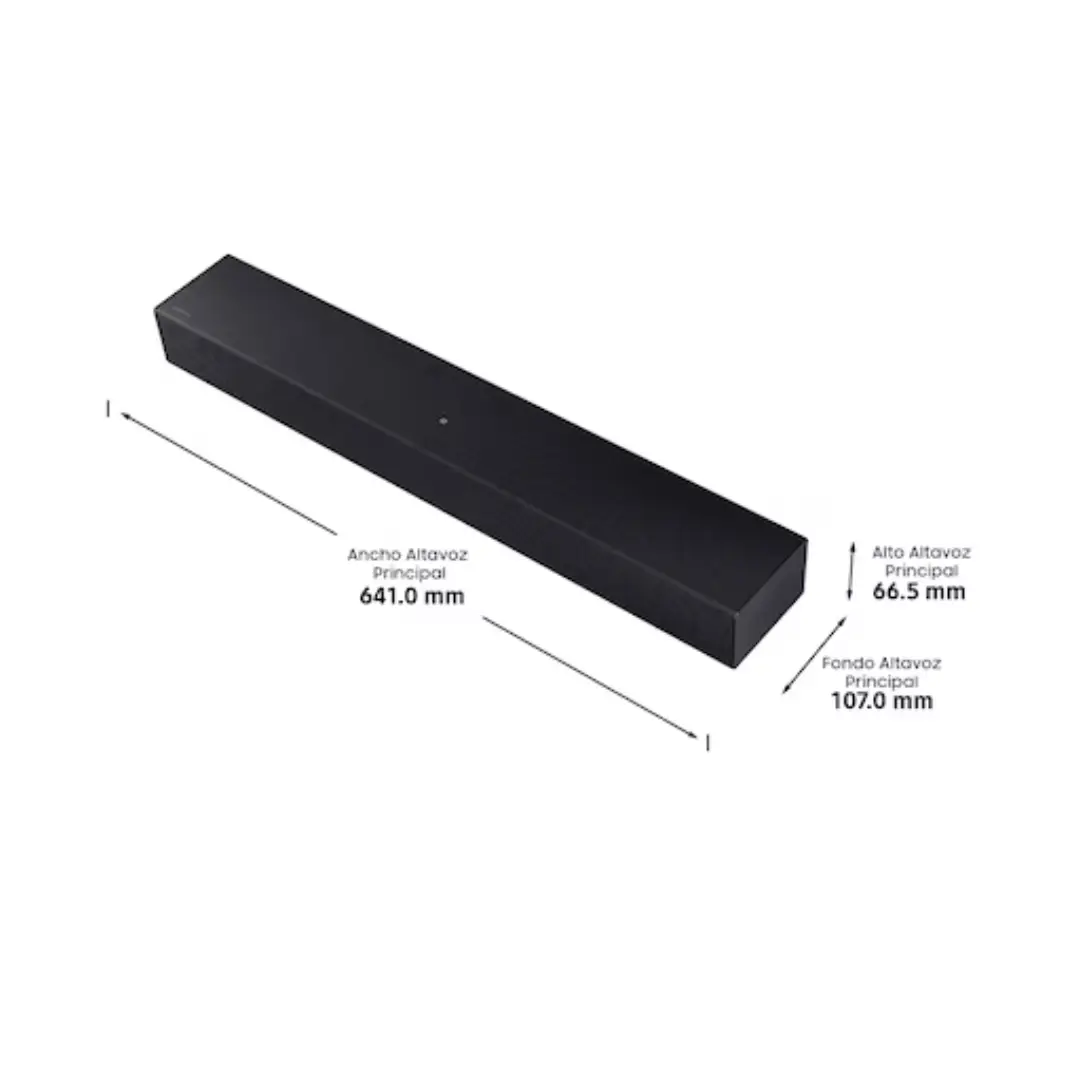Barra de sonido Samsung HW-B400F/ZF con medidas detalladas, mostrando su diseño compacto y fácil integración en cualquier espacio de entretenimiento en casa — disponible en Electrocash.