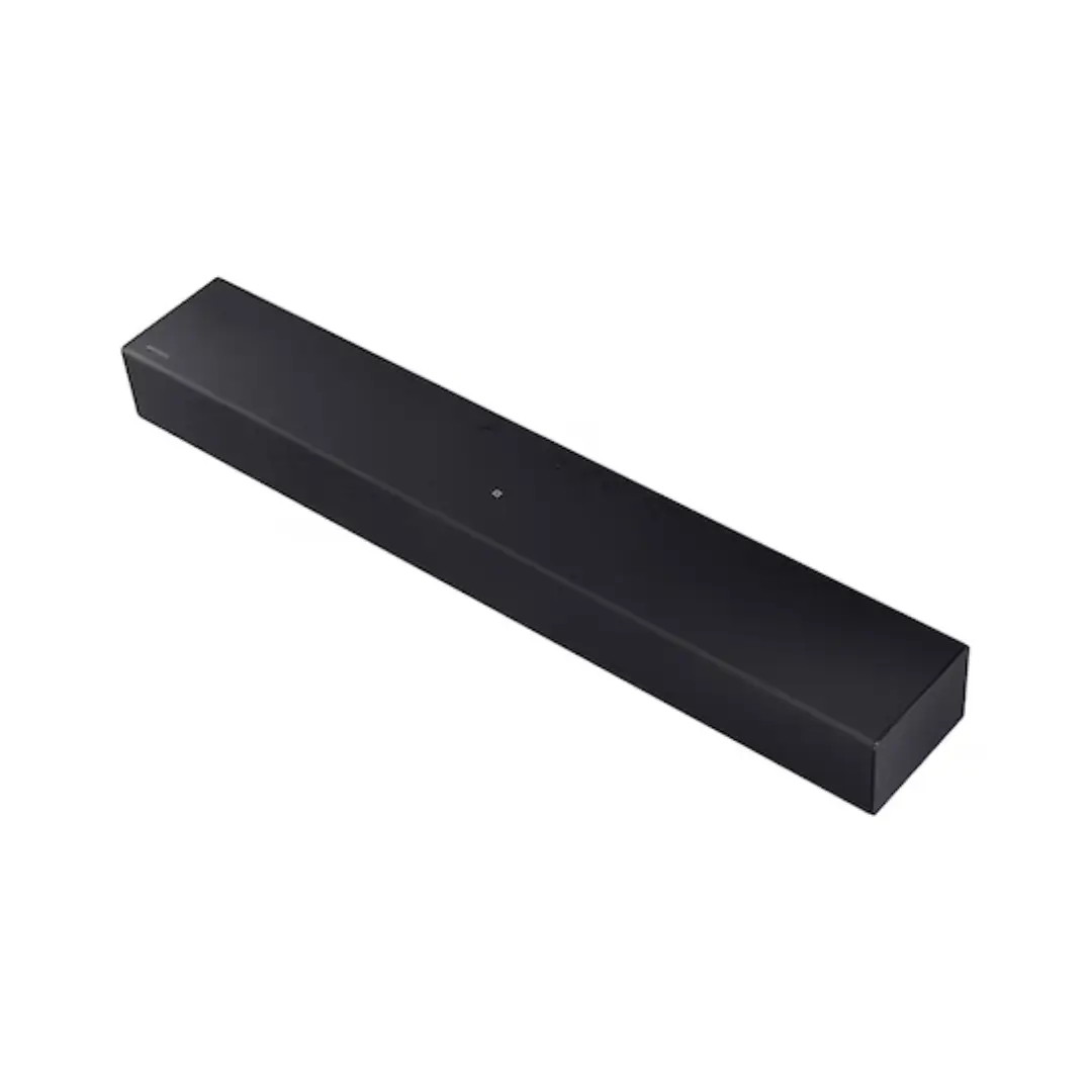 Barra de sonido Samsung HW-B400F/ZF con sistema 2.0CH y woofer integrado, diseñada para mejorar la calidad de audio en televisores y cine en casa. Diseño compacto y elegante en color negro — disponible en Electrocash.