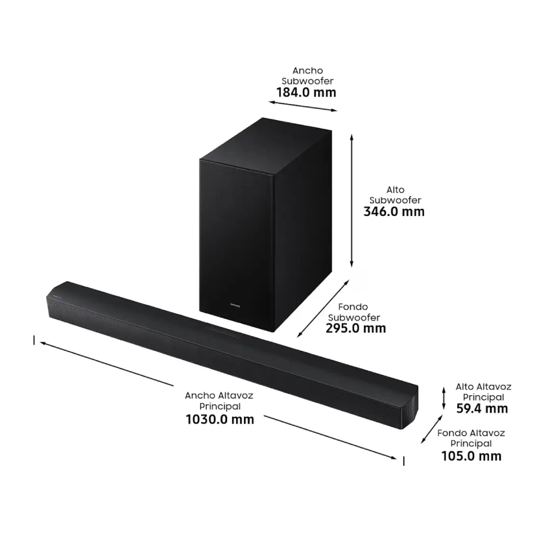 Barra de sonido Samsung HW-B650F/ZF con medidas detalladas, mostrando su diseño compacto y fácil integración en cualquier salón o espacio de entretenimiento — disponible en Electrocash.