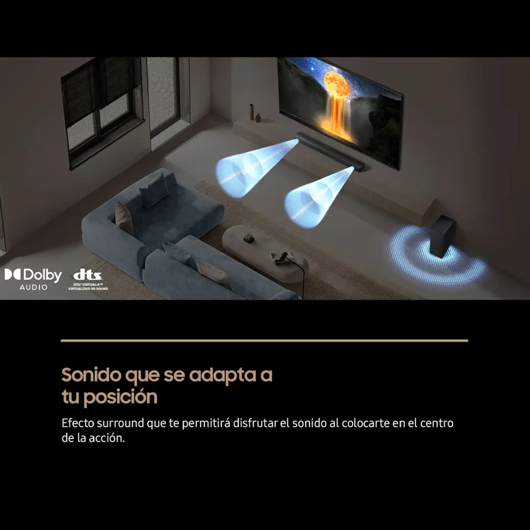 Barra de sonido Samsung HW-B650F/ZF en funcionamiento, mostrando su rendimiento de audio con subwoofer inalámbrico y efectos envolventes 3.1CH — disponible en Electrocash.