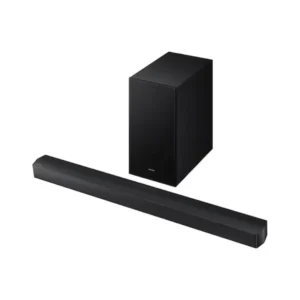 Barra de sonido Samsung HW-B650F/ZF con sistema 3.1CH y subwoofer inalámbrico, ofreciendo sonido envolvente potente y nítido. Diseño elegante y compacto para cine en casa y televisores — disponible en Electrocash.