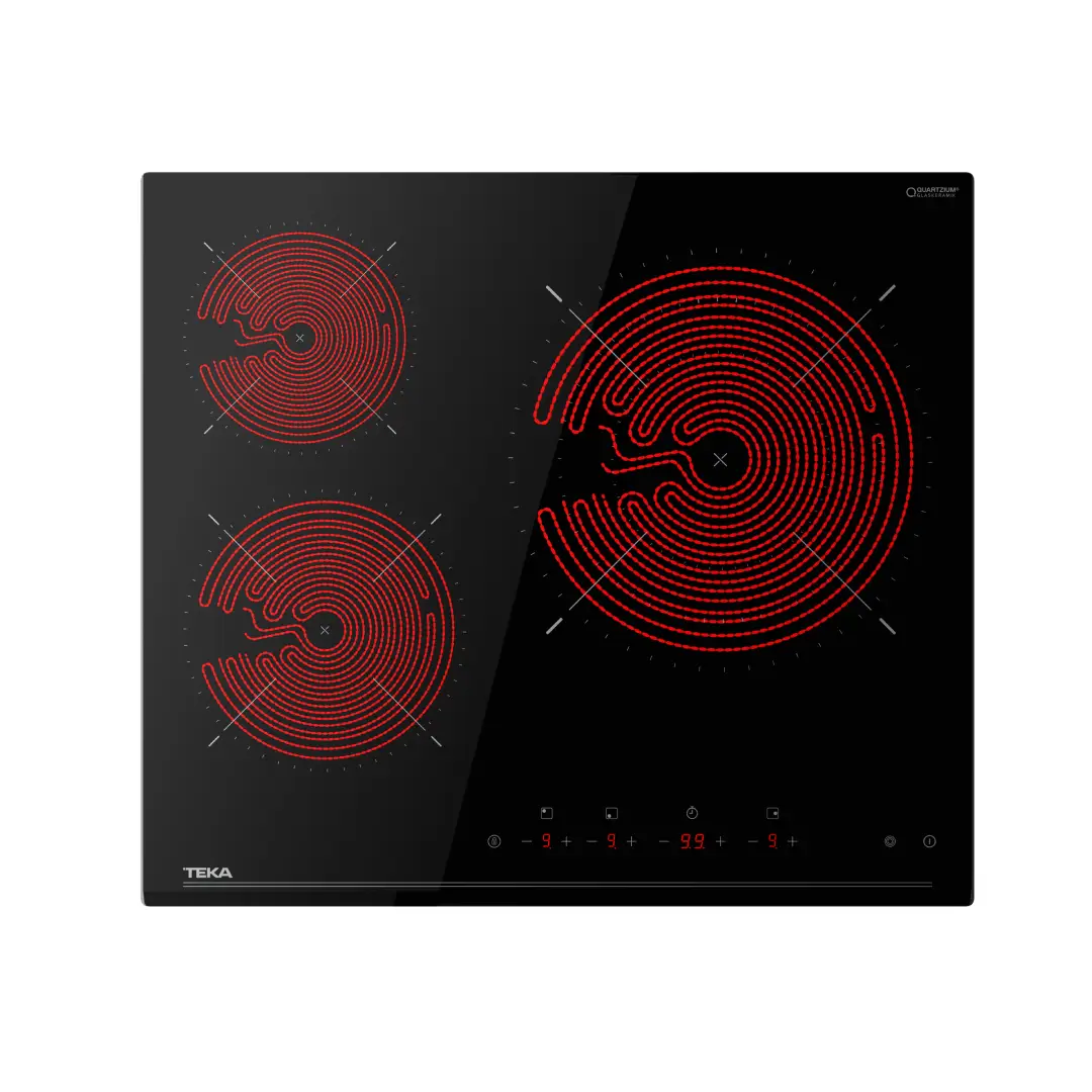 Imagen principal de la placa vitrocerámica Teka TZC-63120 con 3 zonas de cocción, potencia total de 7.48 kW y cristal biselado, combinando elegancia y potencia, disponible en Electrocash.