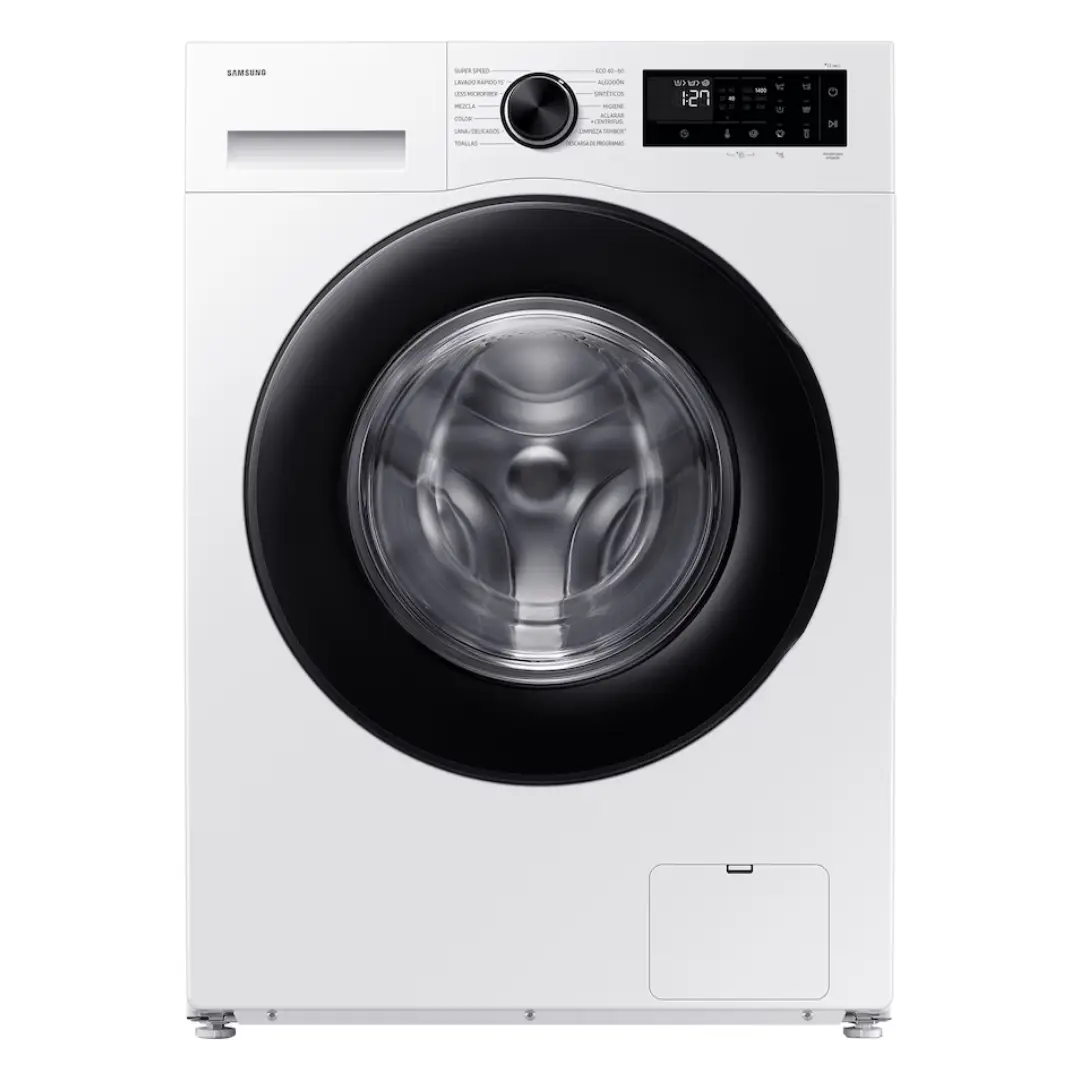 Lavadora Samsung WW-10FG5U34AEEC blanca de 10 kg y 1351 rpm, eficiencia energética Clase A y diseño moderno, disponible en Electrocash.