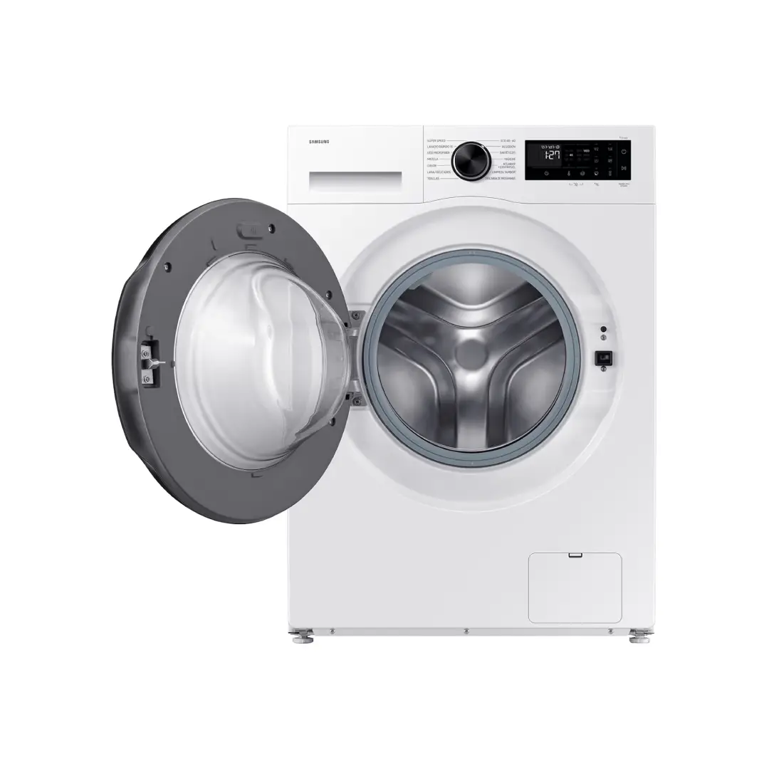 Vista frontal de la lavadora Samsung WW-10FG5U34AEEC abierta, mostrando su amplio tambor de 10 kg ideal para coladas grandes, en Electrocash.