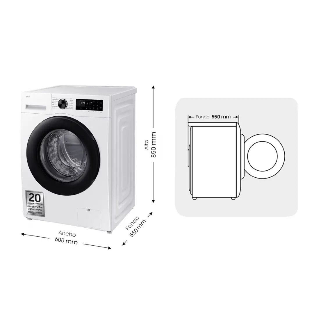 Dimensiones de la lavadora Samsung WW-10FG5U34AEEC blanca, modelo eficiente y compacto con 10 kg de capacidad y 1351 rpm, disponible en Electrocash.