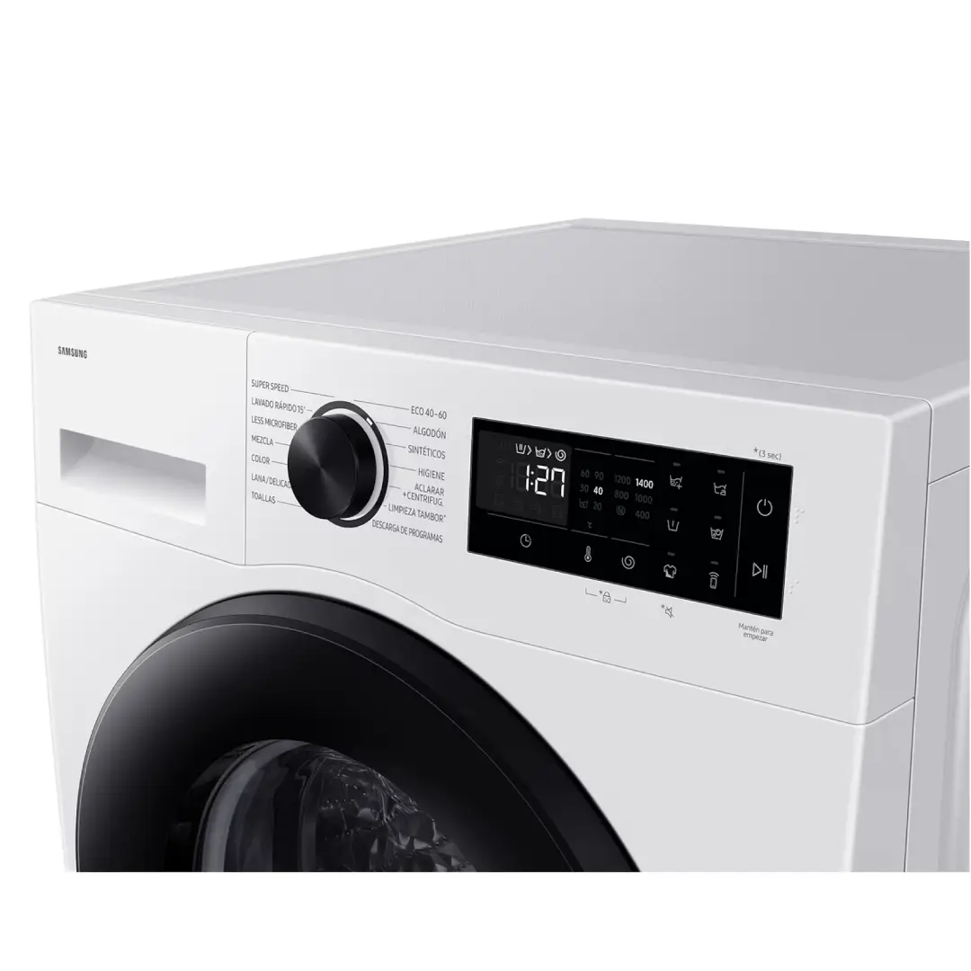 Detalle en primer plano de la lavadora Samsung WW-10FG5U34AEEC blanca, con panel de control intuitivo y diseño elegante, disponible en Electrocash.