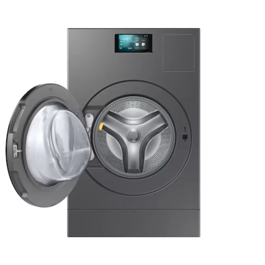 Vista de la lavadora-secadora Samsung WD18DB8995BZT2 abierta, mostrando su amplio tambor de 18 kg y diseño interior ergonómico ideal para grandes coladas — disponible en Electrocash.