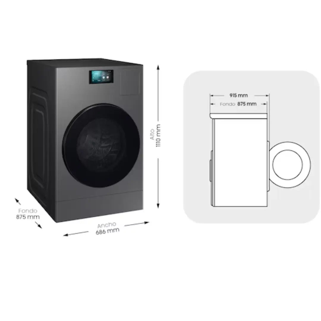 Medidas de la lavadora-secadora Samsung WD18DB8995BZT2: 18 kg lavado y 11 kg secado, diseño grafito de gran tamaño ideal para espacios amplios — disponible en Electrocash.