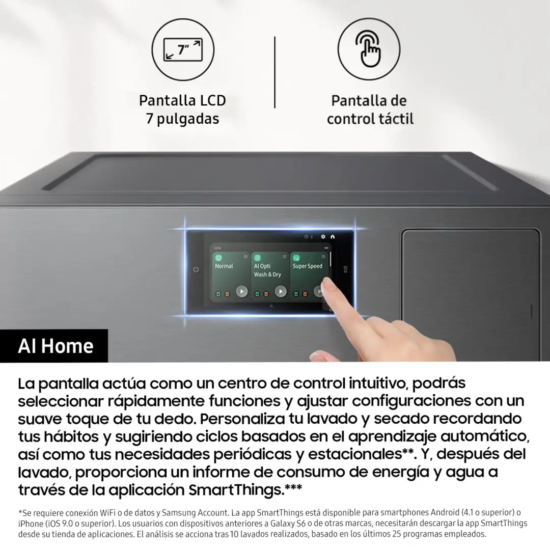 Detalle del panel LCD táctil de la Samsung WD18DB8995BZT2, con controles digitales intuitivos, programas automáticos y diseño moderno en color grafito — disponible en Electrocash.