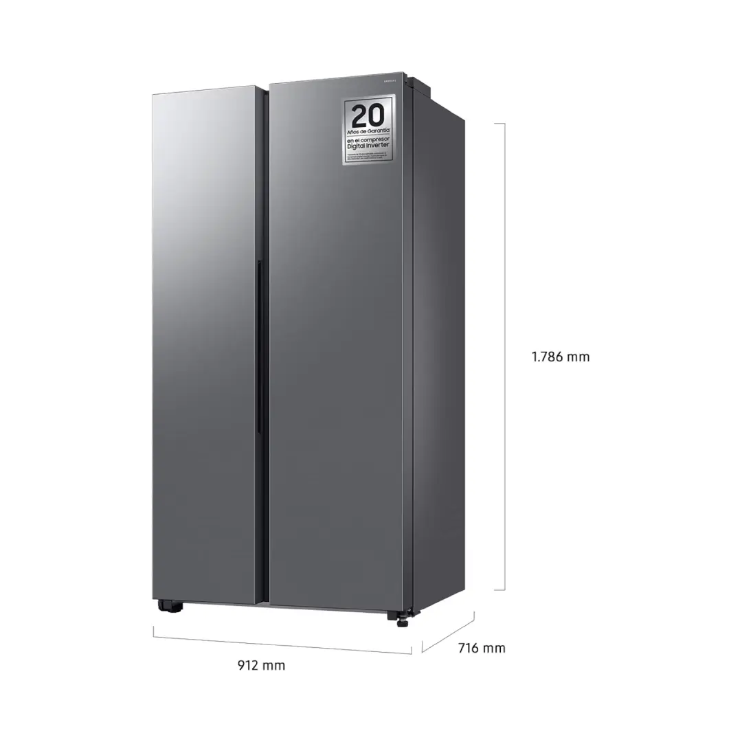 Dimensiones del frigorífico Samsung RS-70F65QETEF con altura de 179 cm, anchura de 91,2 cm y profundidad de 72,3 cm, ideal para cocinas amplias, disponible en Electrocash.