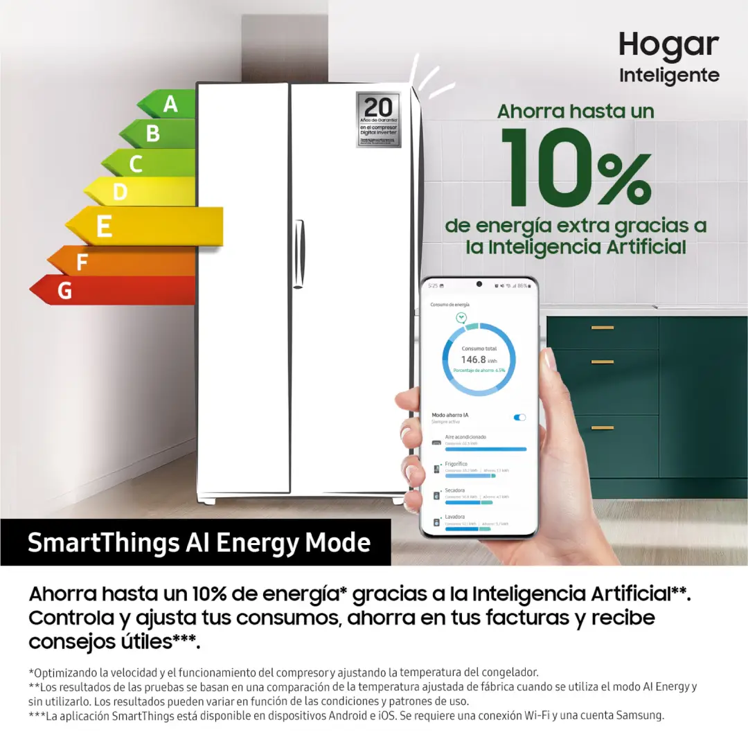 Vista del control SmartThings del frigorífico americano Samsung RS-70F65QETEF, que permite ajustar la temperatura, recibir alertas y optimizar el consumo energético desde el móvil, disponible en Electrocash.