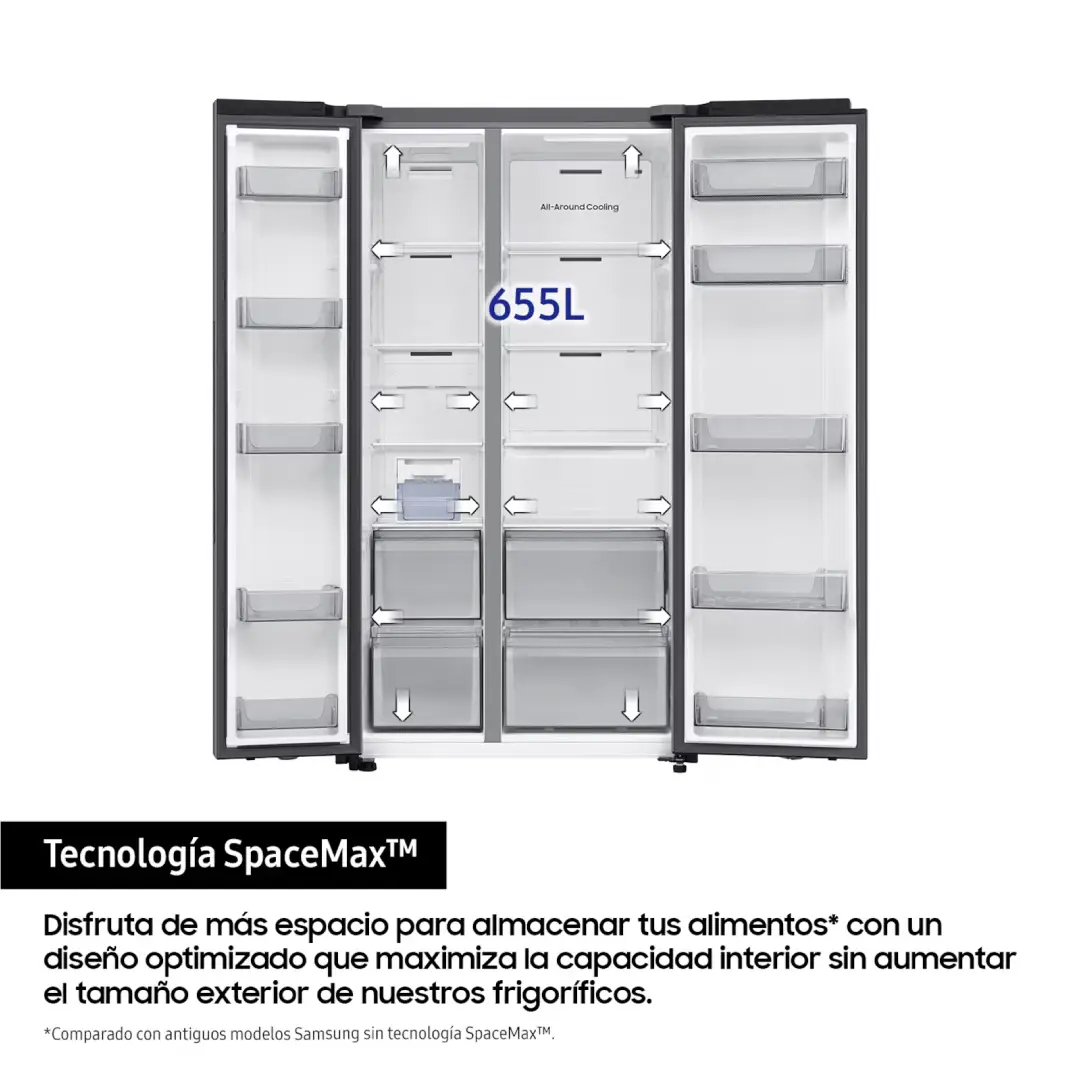 Detalle de la tecnología SpaceMax™ del Samsung RS-70F65QETEF, que ofrece paredes más finas para aumentar la capacidad interior sin ocupar más espacio exterior, disponible en Electrocash.