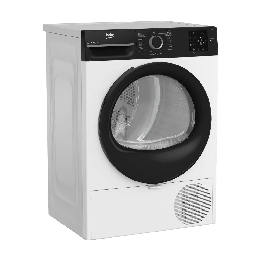 Vista frontal y lateral de la secadora Beko BM3T-37230W, con puerta de gran tamaño y acabado elegante en blanco, perfecta para un hogar eficiente y moderno – disponible en Electrocash.