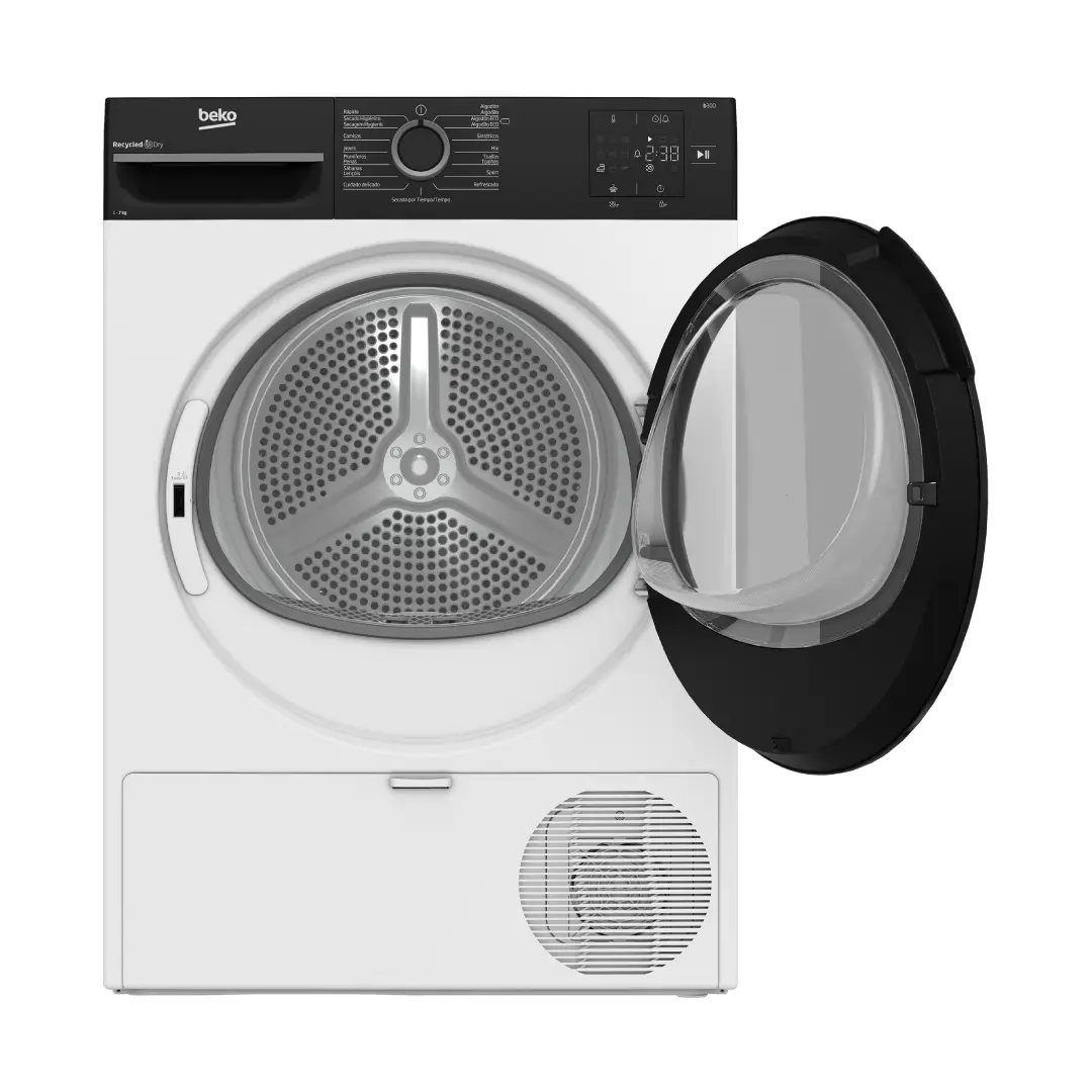 Imagen de la secadora Beko BM3T-37230W abierta, mostrando su tambor de acero inoxidable y capacidad de 7 kg, ideal para un secado uniforme y respetuoso con las prendas – disponible en Electrocash.