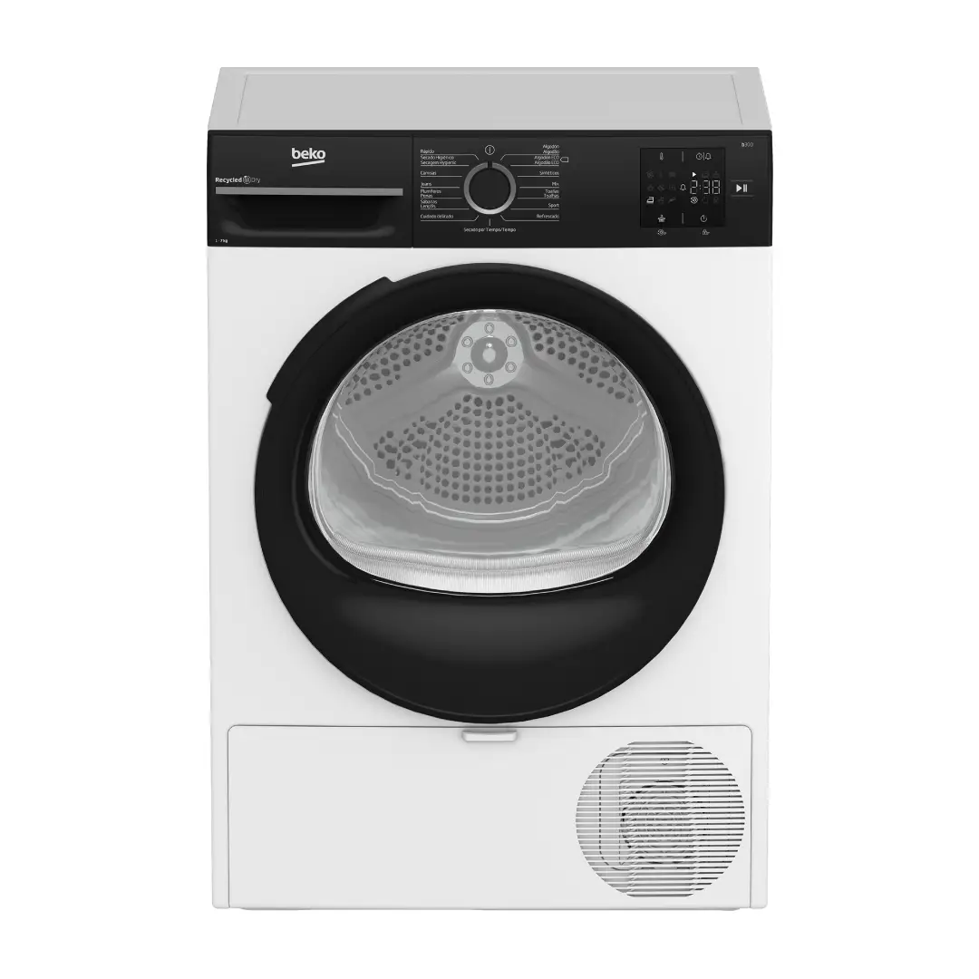 Secadora Beko BM3T-37230W de 7 kg con bomba de calor y tecnología silenciosa, diseñada para ofrecer un secado eficiente y delicado, con bajo consumo energético – disponible en Electrocash.