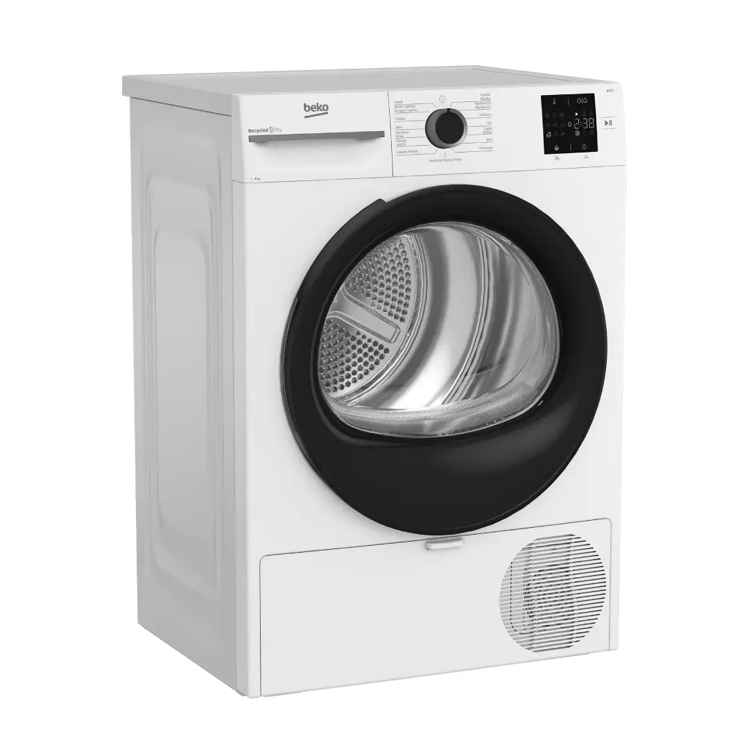 Vista frontal y lateral de la secadora Beko BM3T-38220WB, con puerta amplia y estética elegante, perfecta para quienes buscan rendimiento, estilo y eficiencia energética – disponible en Electrocash.