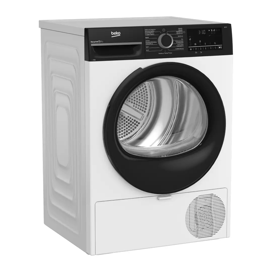 Vista lateral de la secadora Beko BM3T-49240W mostrando su diseño elegante en color blanco, estructura sólida y puerta frontal de gran tamaño – disponible en Electrocash.