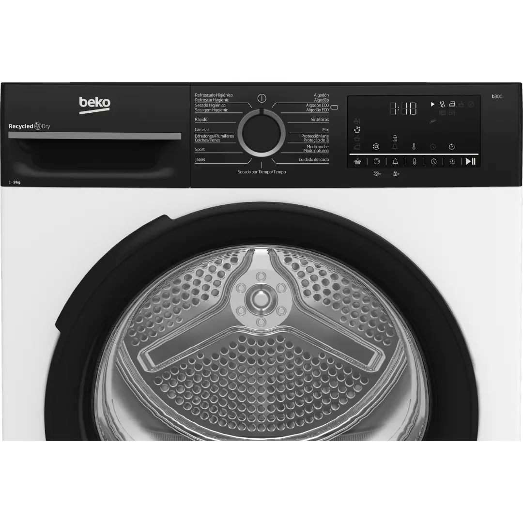 Primer plano del panel de control de la secadora Beko BM3T-49240W, con selector central de programas, pantalla digital y opciones intuitivas para ajustar el ciclo de secado fácilmente – disponible en Electrocash.