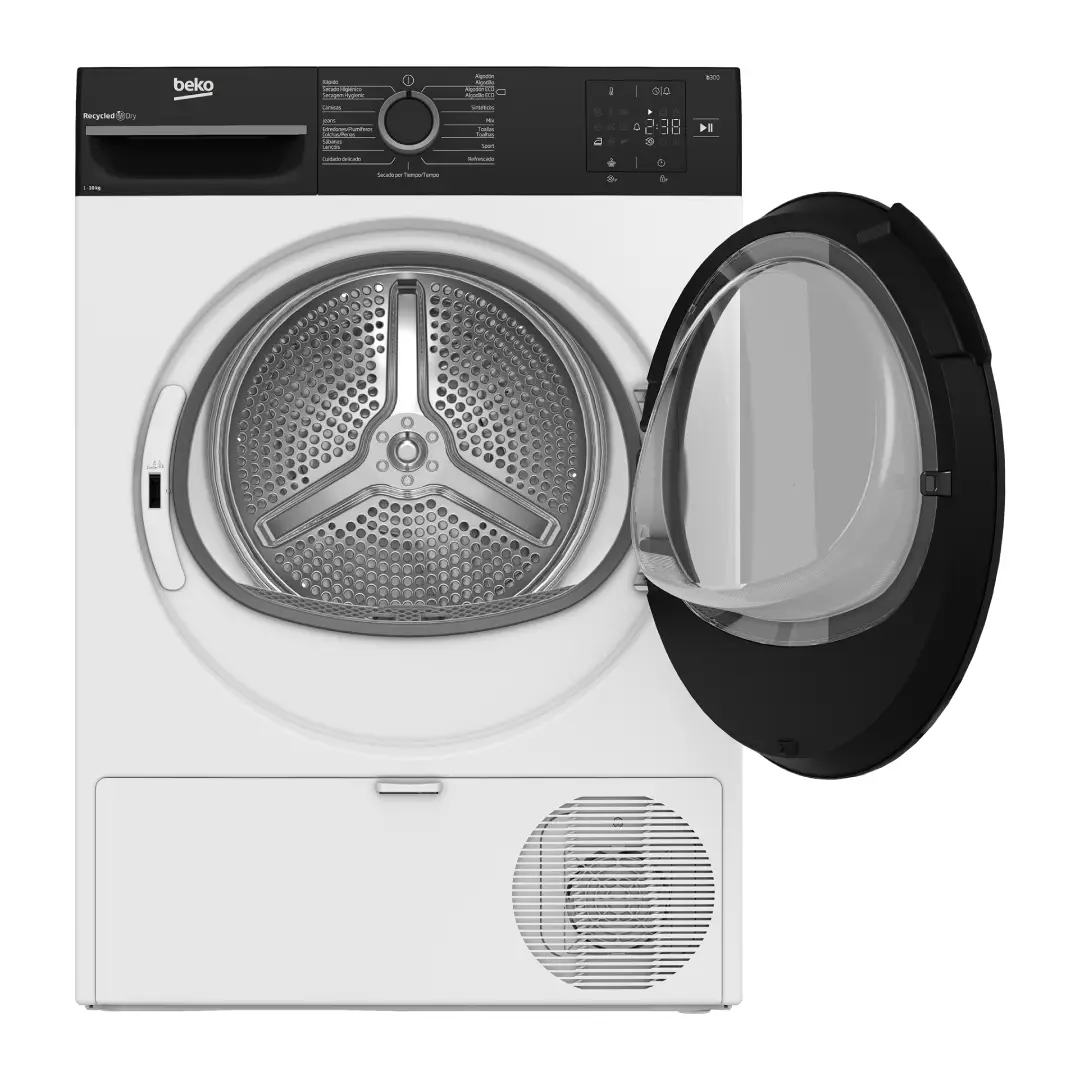 Vista de la secadora Beko BM3T-30230W abierta, mostrando su tambor de gran capacidad y eficiencia en el secado de ropa — disponible en Electrocash.