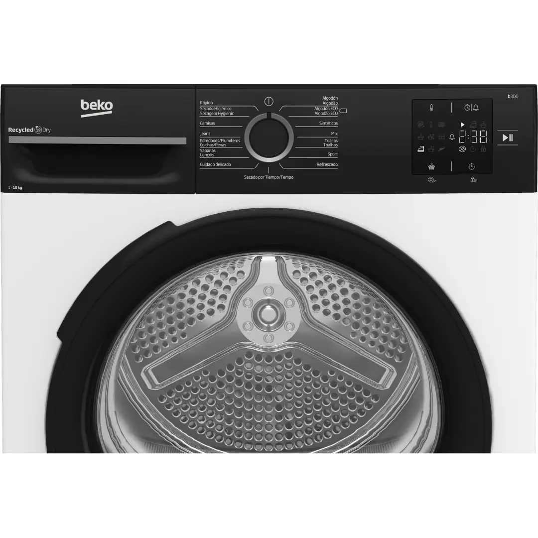 Detalle del panel de control de la secadora Beko BM3T-30230W con selector de programas, display digital y ajustes de temperatura y tiempo — disponible en Electrocash.