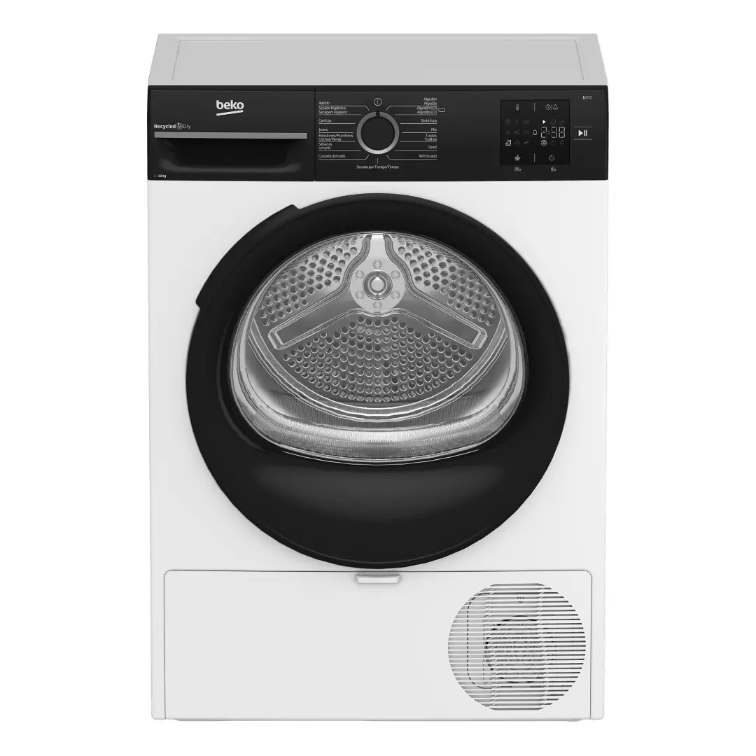 Secadora Beko BM3T-30230W con bomba de calor y capacidad de 10 kg en color blanco. Diseño moderno y eficiente, ideal para el secado de todo tipo de prendas — disponible en Electrocash.