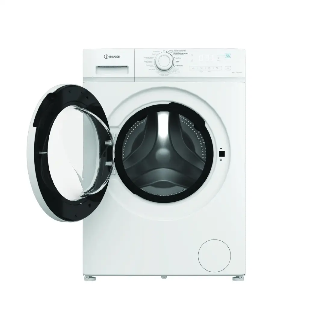 Vista de la lavadora Indesit IMA-864 MY TIME SPT abierta, mostrando su amplio tambor de acero inoxidable, ideal para grandes cargas y lavado eficiente – disponible en Electrocash.