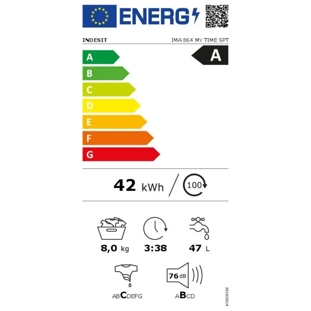 Ficha de eficiencia energética de la lavadora Indesit IMA-864 MY TIME SPT, que muestra su clasificación en consumo, ruido y rendimiento, garantizando eficiencia y sostenibilidad – disponible en Electrocash.