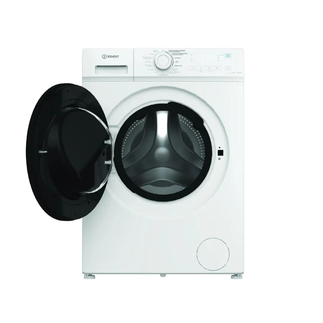 Vista de la lavadora-secadora Indesit IDMA-75624MY Time SPT abierta, mostrando su tambor amplio y espacio para 7 kg de lavado y 5 kg de secado — disponible en Electrocash.