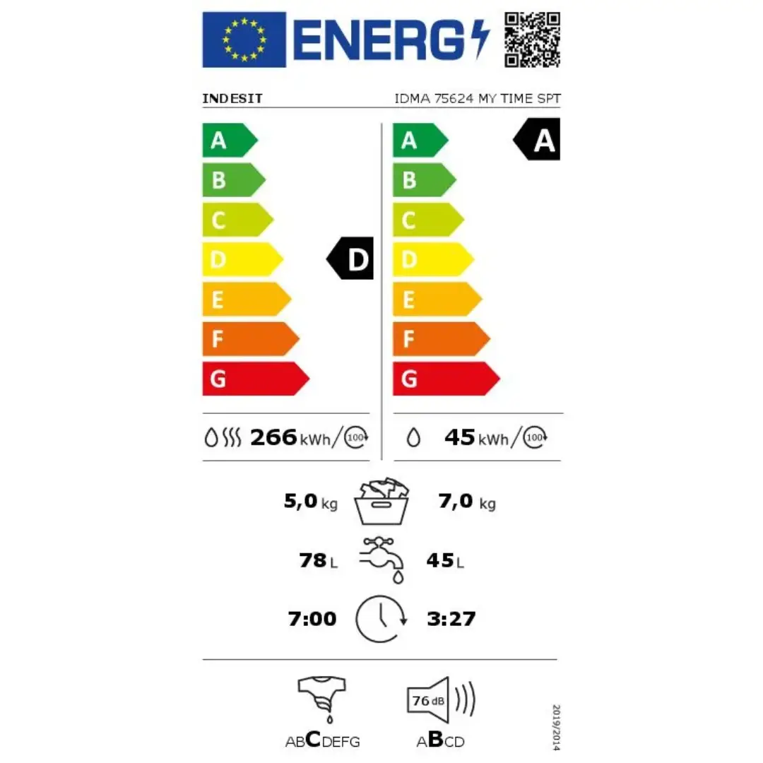Etiqueta de eficiencia energética de la lavadora-secadora Indesit IDMA-75624MY Time SPT con clasificación A/D y datos de consumo — disponible en Electrocash.