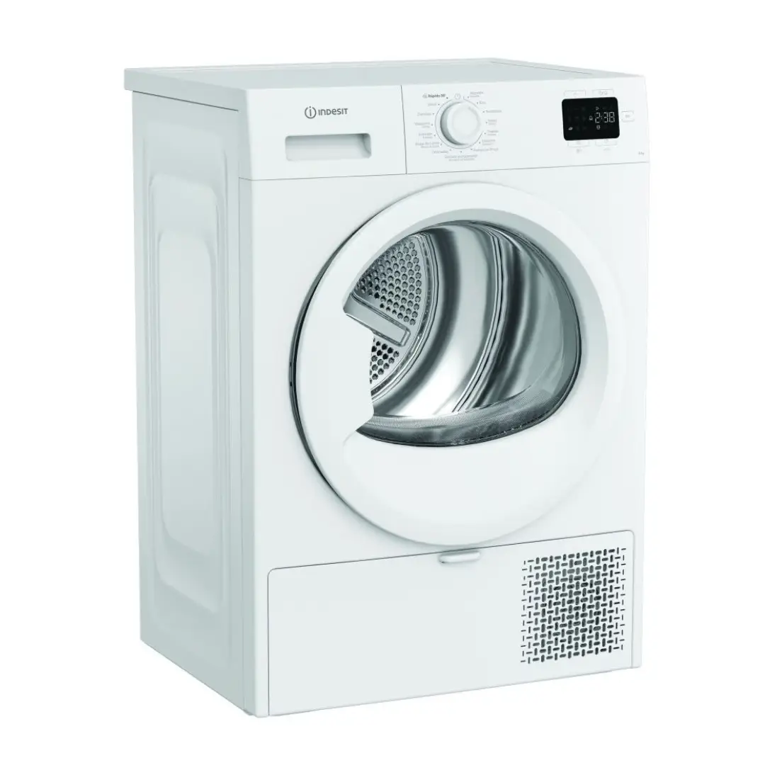 Vista frontal y lateral de la secadora Indesit CYSD-82D WW SPT, con puerta de gran tamaño y acabado blanco elegante, perfecta para hogares que buscan eficiencia y practicidad – disponible en Electrocash.