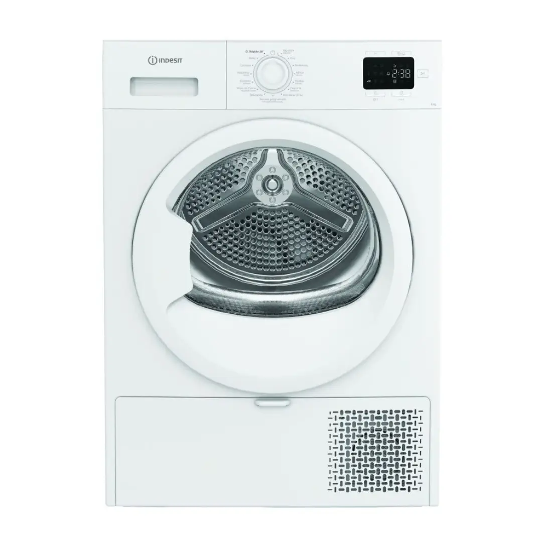 Secadora Indesit CYSD-82D WW SPT de 8 kg con tecnología de bomba de calor, diseño moderno en color blanco y alta eficiencia energética (E), ideal para un secado cuidadoso y económico – disponible en Electrocash.