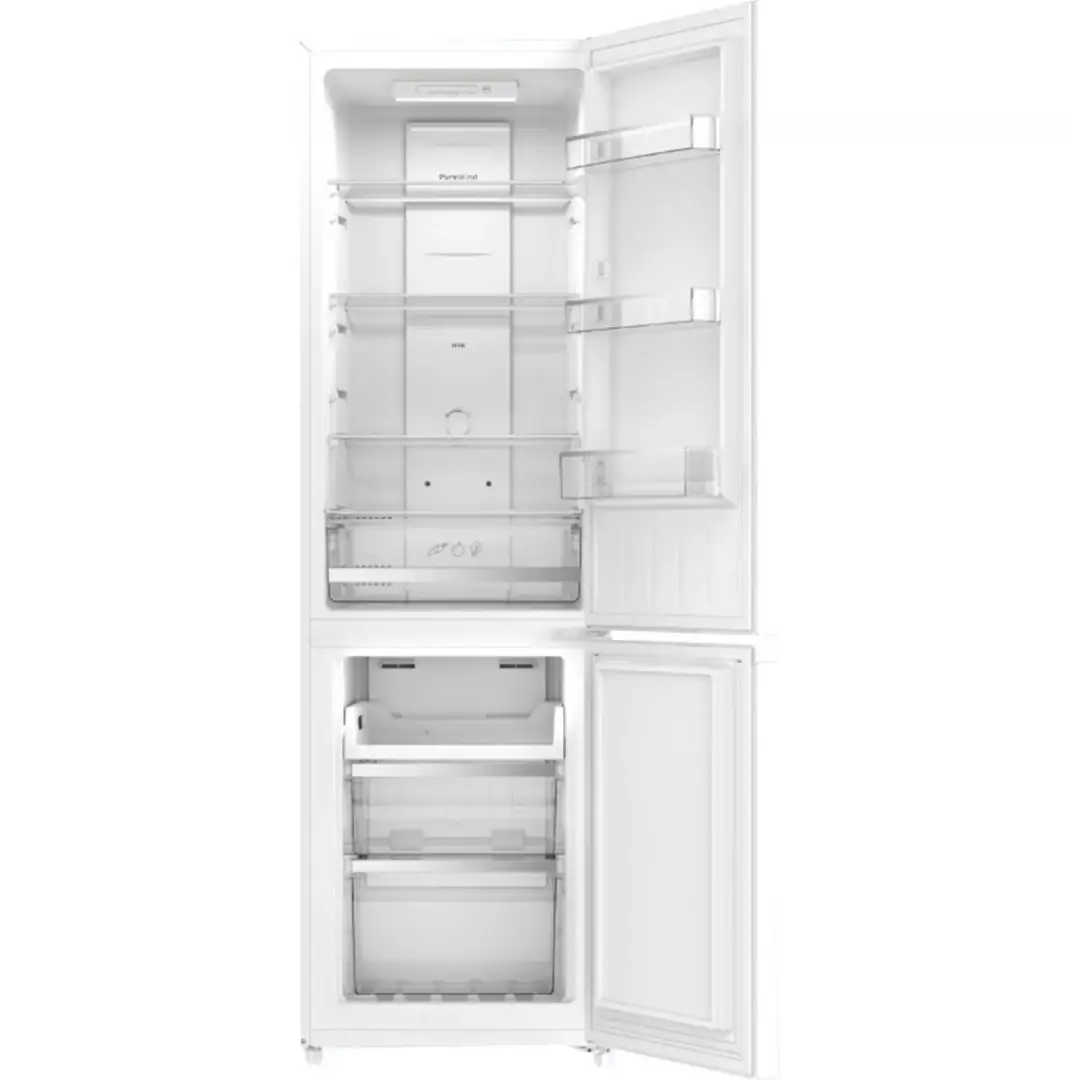Interior del frigorífico combi Indesit INKF-8251 W4E, mostrando su amplia capacidad de almacenamiento, cajones transparentes, balcones ajustables en la puerta y sistema No Frost que evita la formación de escarcha – disponible en Electrocash.