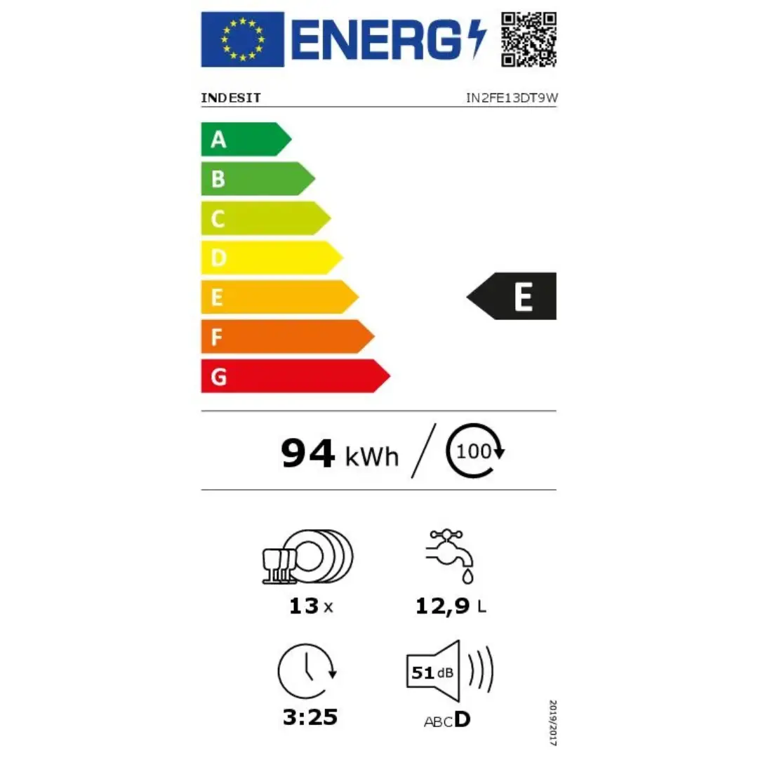 Ficha de consumo energético del lavavajillas Indesit IN2FE-13DT9W, con clasificación energética E, información sobre consumo anual de agua y electricidad, capacidad y nivel de ruido – disponible en Electrocash.