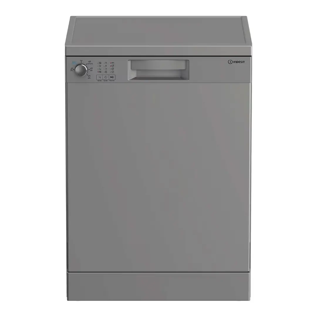 Lavavajillas Indesit IN2FE 13DT9S en color inoxidable, capacidad para 13 cubiertos y eficiencia energética Clase E. Diseño frontal clásico con mando mecánico — disponible en Electrocash.