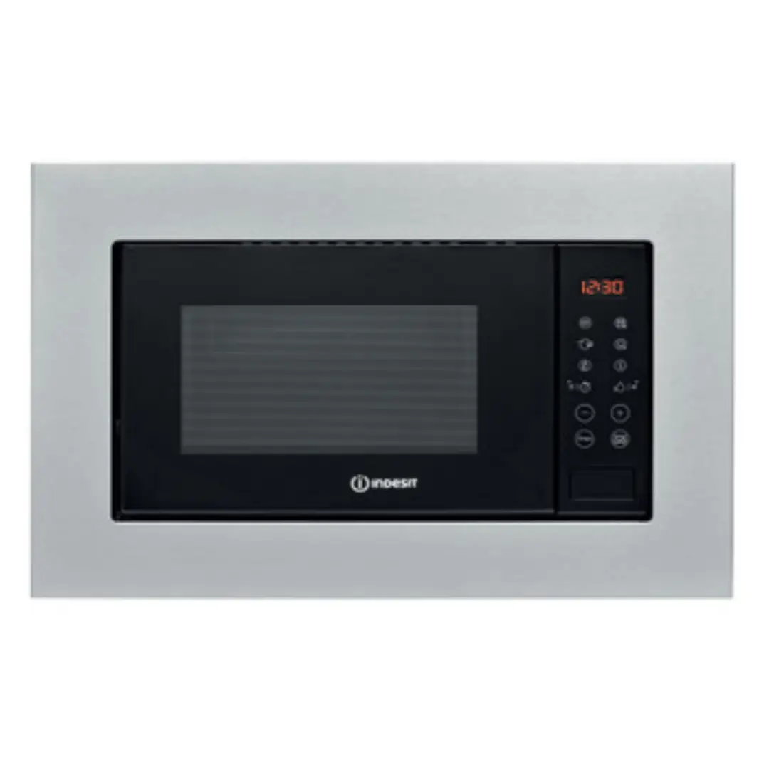 Microondas de encastre Indesit MWI 120 GX con acabado inoxidable, grill de cuarzo y 800 W de potencia, diseño moderno y elegante ideal para integrarse en cualquier cocina – disponible en Electrocash.